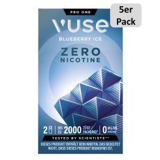 Packung Vuse Liquid Pod Blueberry Ice Zero. Blaue Schachtel mit weißer Vuse Aufschrift und 5er Pack Bottom.