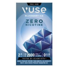 Packung Vuse Liquid Pod Blueberry Ice Zero. Blaue Schachtel mit weißer Vuse Aufschrift und blauem Quadrat und Zero Aufschrift.
