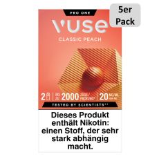 Packung Vuse Liquid Pod Classic Peach. Orange Schachtel mit weißer Vuse Aufschrift und 5er Pack Bottom.