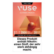 Packung Vuse Liquid Pod Classich Peach. Orange Schachtel mit weißer Vuse Aufschrift und organgen Quadrat.