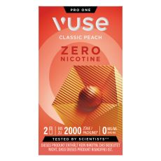 Packung Vuse Liquid Pod Classich Peach Zero. Orange Schachtel mit weißer Vuse Aufschrift und organgen Quadrat.