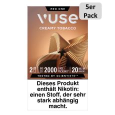 Packung Vuse Liquid Pods Creamy Tobacco. Braune Schachtel mit 5er Pack Bottom und weißer Vuse Aufschrift.