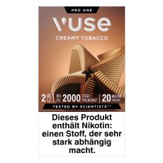 Packung Vuse Liquid Pods Creamy Tobacco. Braune Schachtel mit Blume und weißer Vuse Aufschrift.