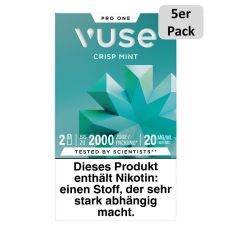 Packung Vuse Liquid Pods Crisp Mint. Mintgrüne Schachtel mit 5er Pack Bottom und weißer Vuse Aufschrift.