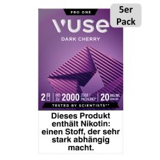 Packung Vuse Liquid Pods Dark Cherry. Lila Schachtel mit 5er Pack Bottom und weißer Vuse Aufschrift.