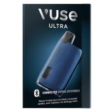 Packung E-Zigarette Vuse Ultra Device Kit Blue. Dunkelblaue Schachtel mit blauem Vuse Gerät und Vuse Aufschrift.
