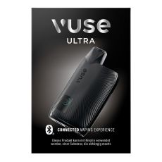 Packung E-Zigarette Vuse Ultra Device Kit Charcoal Black. Schwarze Schachtel mit schwarzem Vuse Gerät und Vuse Aufschrift.