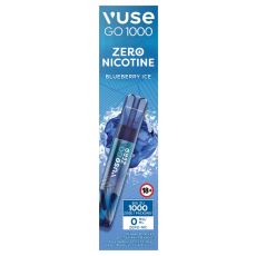 Packung Einweg E-Zigarette Vuse Go 1000 Blueberry Ice Zero. Blaue-weiße Packung mit Gerät und Eiskristalle und Zero Aufschrift.