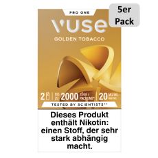 Packung Vuse Liquid Pods Golden Tobacco. Goldene Schachtel mit 5er Pack Bottom und weißer Vuse Aufschrift.