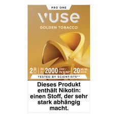 Packung Vuse Liquid Pods Golden Tobacco. Goldene Schachtel mit mit Blume und weißer Vuse Aufschrift.