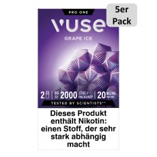 Packung Vuse Liquid Pod Grape Ice. Lila Schachtel mit weißer Vuse Aufschrift und 5er Pack Bottom.