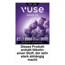 Packung Vuse Liquid Pod Grape Ice. Lila Schachtel mit weißer Vuse Aufschrift und lila Blüte.