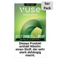 Packung Vuse Liquid Pods Green Apple. Grüne Schachtel mit 5er Pack Bottom und weißer Vuse Aufschrift.