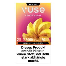 Packung Vuse Liquid Pod Lemon Berry. Rosa-gelbe Schachtel mit weißer Vuse Aufschrift und gelber Blüte.