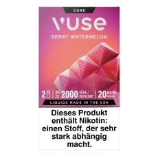 Packung Vuse Liquid Pod Berry Watermelon. Lila-rote Schachtel mit weißer Vuse Aufschrift und roten Quadraten.