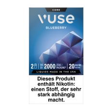 Packung Vuse Liquid Pod Blueberry. Blaue Schachtel mit weißer Vuse Aufschrift und blauem Quadrat.