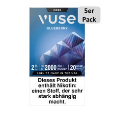 Packung Vuse Liquid Pod Blueberry. Blaue Schachtel mit weißer Vuse Aufschrift und 5er Pack Bottom.