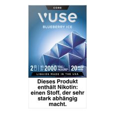 Packung Vuse Liquid Pod Blueberry Ice. Blaue Schachtel mit weißer Vuse Aufschrift und blauem Quadrat.
