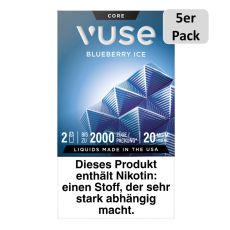 Packung Vuse Liquid Pod Blueberry Ice. Blaue Schachtel mit weißer Vuse Aufschrift und 5er Pack Bottom.