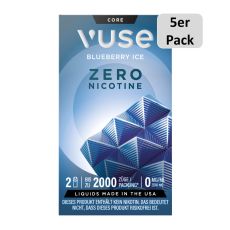 Packung Vuse Liquid Pod Blueberry Ice Zero. Blaue Schachtel mit weißer Vuse Aufschrift und 5er Pack Bottom.