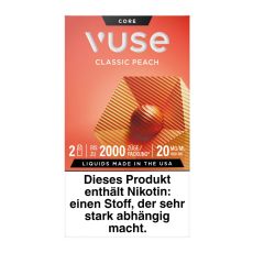 Packung Vuse Liquid Pod Classich Peach. Orange Schachtel mit weißer Vuse Aufschrift und organgen Quadrat.