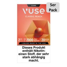 Packung Vuse Liquid Pod Classic Peach. Orange Schachtel mit weißer Vuse Aufschrift und 5er Pack Bottom.