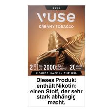 Packung Vuse Liquid Pods Creamy Tobacco. Braune Schachtel mit Blume und weißer Vuse Aufschrift.