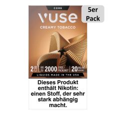 Packung Vuse Liquid Pods Creamy Tobacco. Braune Schachtel mit 5er Pack Bottom und weißer Vuse Aufschrift.