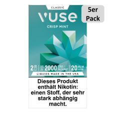 Packung Vuse Liquid Pods Crisp Mint. Mintgrüne Schachtel mit 5er Pack Bottom und weißer Vuse Aufschrift.