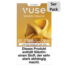 Packung Vuse Liquid Pods Golden Tobacco. Goldene Schachtel mit 5er Pack Bottom und weißer Vuse Aufschrift.