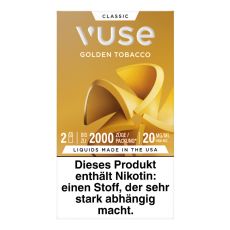Packung Vuse Liquid Pods Golden Tobacco. Goldene Schachtel mit mit Blume und weißer Vuse Aufschrift.