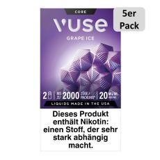 Packung Vuse Liquid Pod Grape Ice. Lila Schachtel mit weißer Vuse Aufschrift und 5er Pack Bottom.