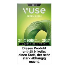 Packung Vuse Liquid Pods Green Apple. Grüne Schachtel mit Kreis und weißer Vuse Aufschrift.