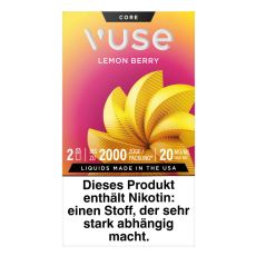 Packung Vuse Liquid Pod Lemon Berry. Rosa-gelbe Schachtel mit weißer Vuse Aufschrift und gelber Blüte.