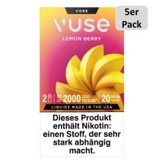 Packung Vuse Liquid Pod Lemon Berry. Rosa-gelbe Schachtel mit weißer Vuse Aufschrift und 5er Pack Bottom.