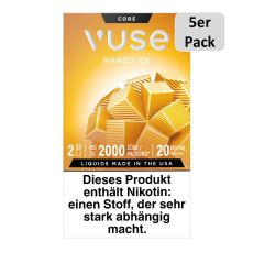 Packung Vuse Liquid Pods Mango Ice. Gelbe Schachtel mit 5er Pack Bottom weißer Vuse Aufschrift.