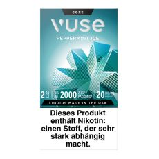 Packung Vuse Liquid Pods Peppermint Ice. Türkise Schachtel mit Blume und weißer Vuse Aufschrift.