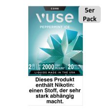 Packung Vuse Liquid Pods Peppermint Ice. Türkise Schachtel mit 5er Pack Bottom und weißer Vuse Aufschrift.