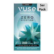 Packung Vuse Liquid Pods Peppermint Ice Zero. Türkise Schachtel mit Blume und weißer Vuse Aufschrift mit 5er Pack Bottom.