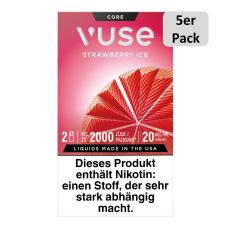 Packung Vuse Liquid Pods Strawberry Ice. Rote Schachtel mit 5er Pack Bottom und weißer Vuse Aufschrift.