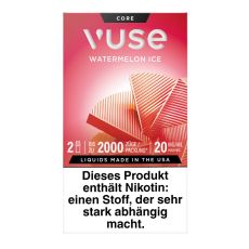 Packung Vuse Liquid Pod Watermelon Ice. Hellrote Schachtel mit weißer Vuse Aufschrift und roter Blüte.