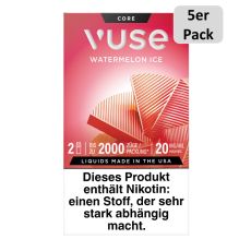 Packung Vuse Liquid Pod Watermelon Ice. Hellrote Schachtel mit weißer Vuse Aufschrift und 5er Pack Bottom.
