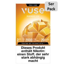 Packung Vuse Liquid Pods Mango Ice. Gelbe Schachtel mit 5er Pack Bottom weißer Vuse Aufschrift.