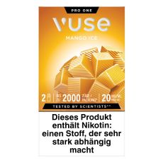 Packung Vuse Liquid Pods Mango Ice. Gelbe Schachtel mit Würfel weißer Vuse Aufschrift.