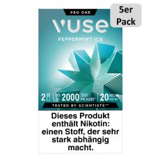 Packung Vuse Liquid Pods Peppermint Ice. Türkise Schachtel mit 5er Pack Bottom und weißer Vuse Aufschrift.