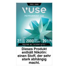 Packung Vuse Liquid Pods Peppermint Ice. Türkise Schachtel mit Blume und weißer Vuse Aufschrift.
