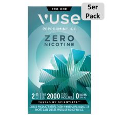 Packung Vuse Liquid Pods Peppermint Ice Zero. Türkise Schachtel mit Blume und weißer Vuse Aufschrift mit 5er Pack Bottom.