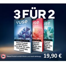 Vuse Pods Aktion 3 für 2. Drei Vuse Pods, blau, rot und grün mit großer weißer 3 für 2 Aufschrift
