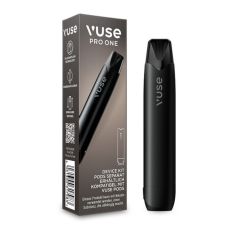 Packung E-Zigarette Vuse Pro One Device Kit Pen Black. Schwarze Schachtel mit schwarzem Gerät und Vuse Aufschrift.
