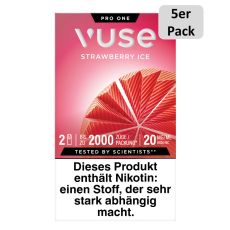 Packung Vuse Liquid Pods Strawberry Ice. Rote Schachtel mit 5er Pack Bottom und weißer Vuse Aufschrift.